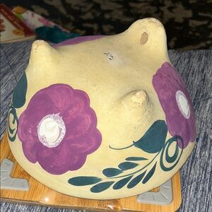 New Hand-Painted Floral Ceramic Planter - Purple Flowers on Cream Clay color